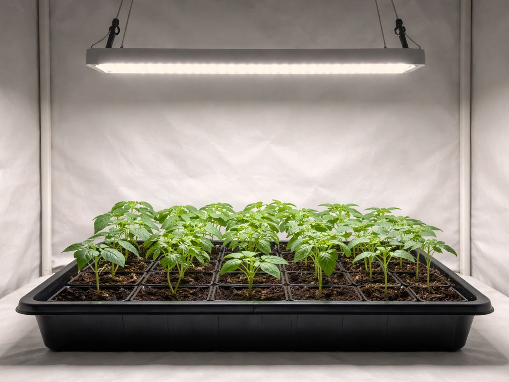 Seedlings on a tray under a high-hung LED grow light with even coverage and clear canopy spacing.