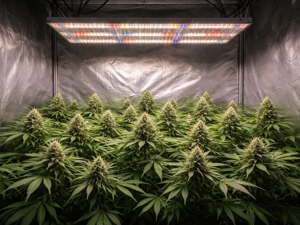 Flowering plants in a grow tent under an overhead LED light, dense canopy and compact growth.