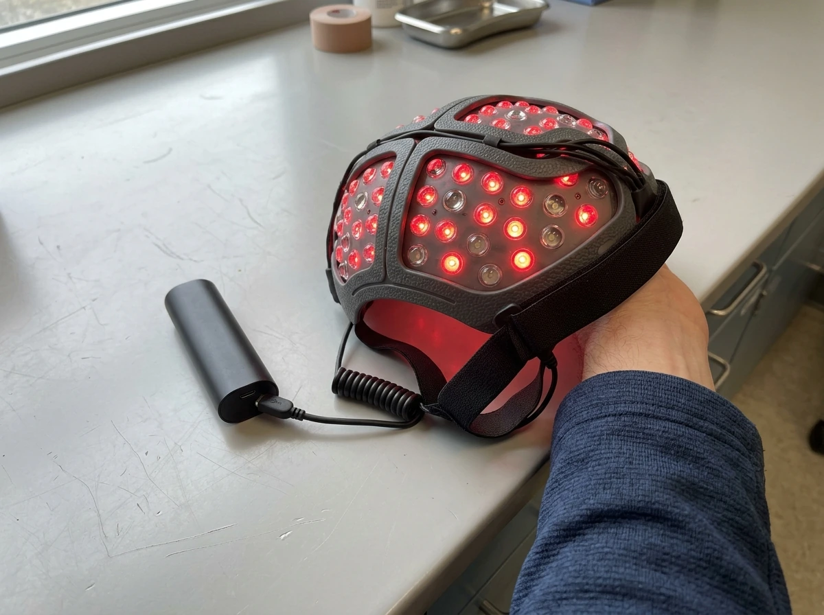 FDA-cleared laser cap style device components and how it’s worn for LLLT