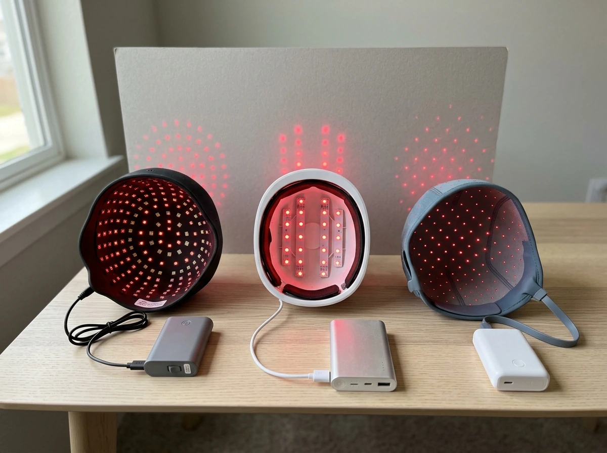 Side-by-side comparison of different “grow laser cap” units and their diode/wavelength labels avoided