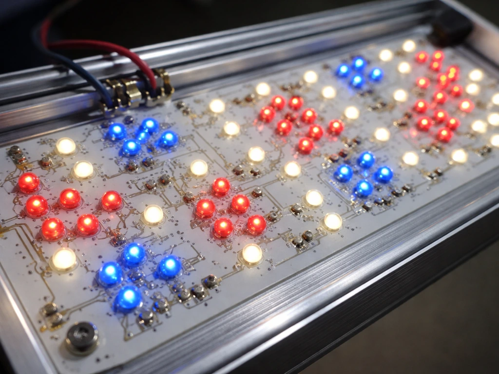 Close-up of an LED board showing red, blue, and white diode clusters in a clean metal housing.