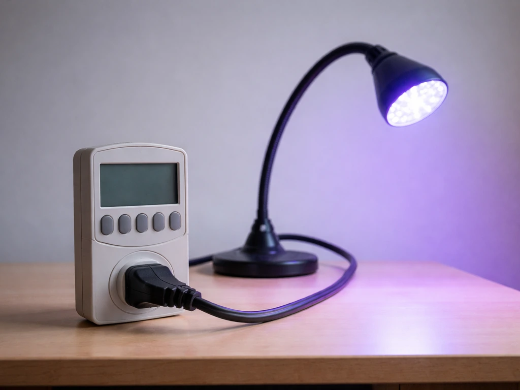 Electricity meter next to a grow light, both in frame with the light switched on.