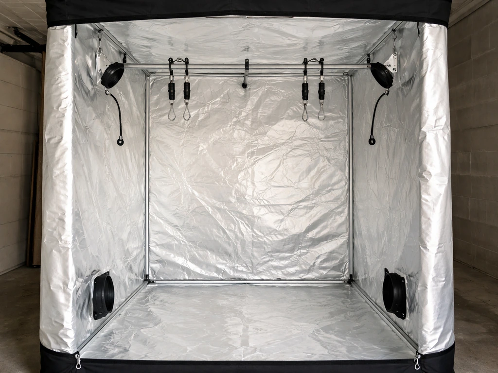 Open iPower grow tent interior with reflective mylar lining and hanging hardware installed neatly