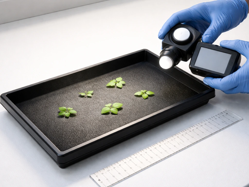 Gloved hands using a light meter to measure PPFD at different distances on a flat plant canopy.