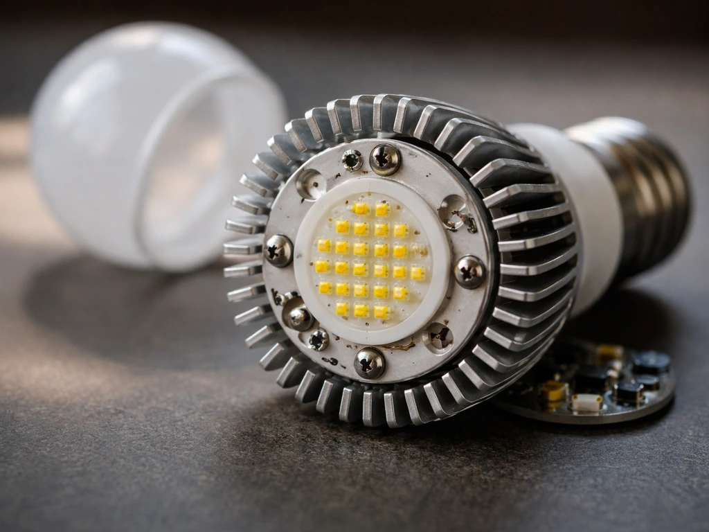 Close-up of an LED bulb showing a ceramic heat-dissipation path and metal heat sink