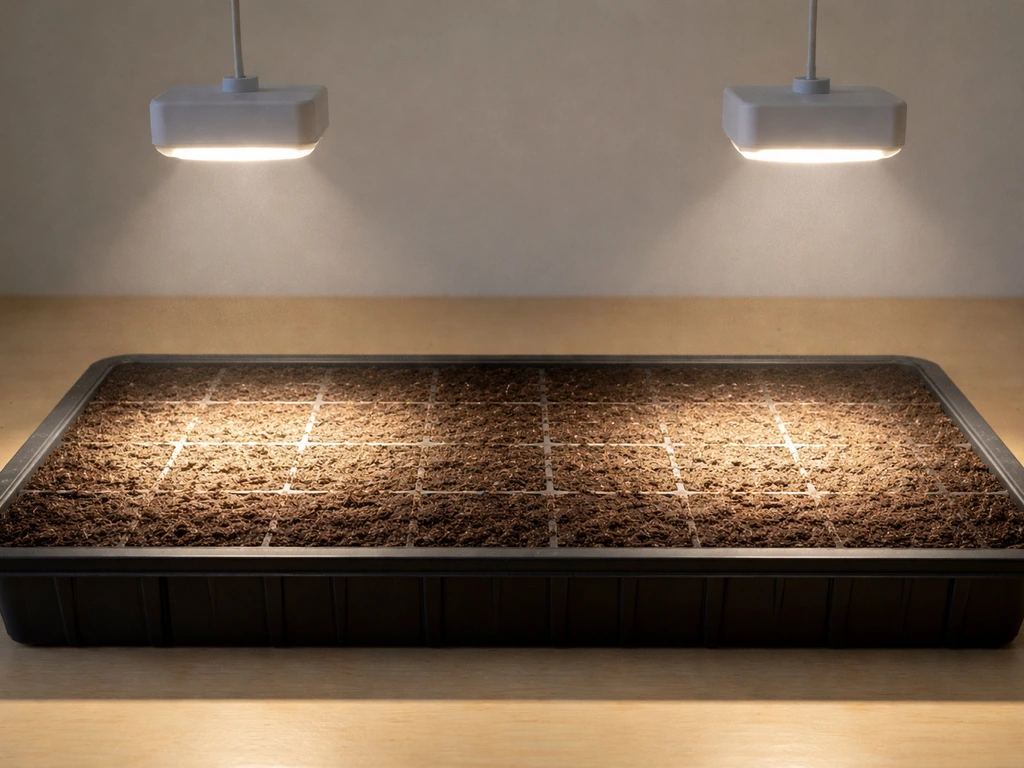 Two LED grow lights over a seed tray show brighter coverage up close and dimmer light farther away.