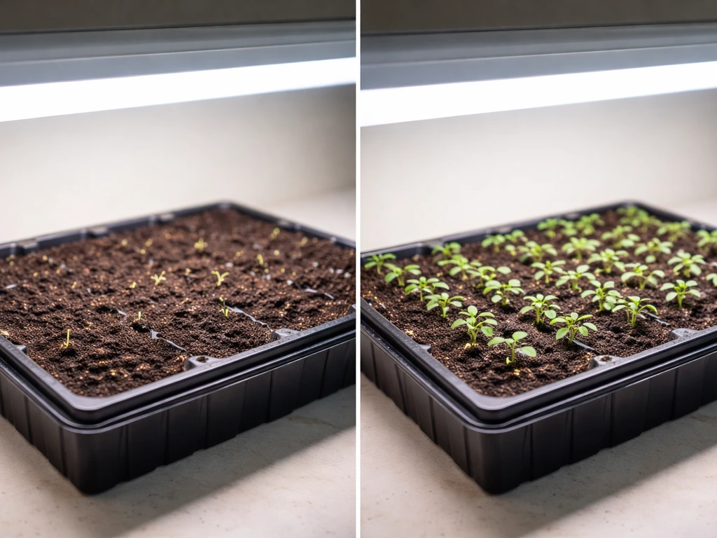 Split before/after: sparse sprouts vs many healthy seedlings under cool white T5 light on trays.