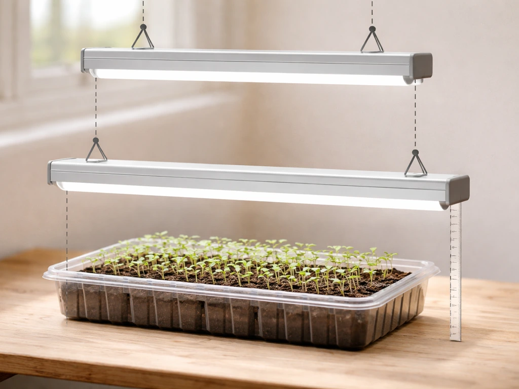 Seed-starting tray under a T5 light with two height positions shown by cord placement, no text.