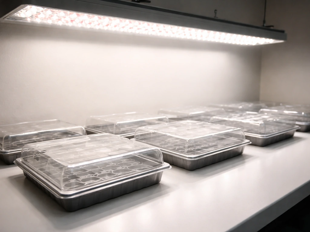 Close-up of an LED grow light casting a clear brightness and coverage glow pattern on empty trays.