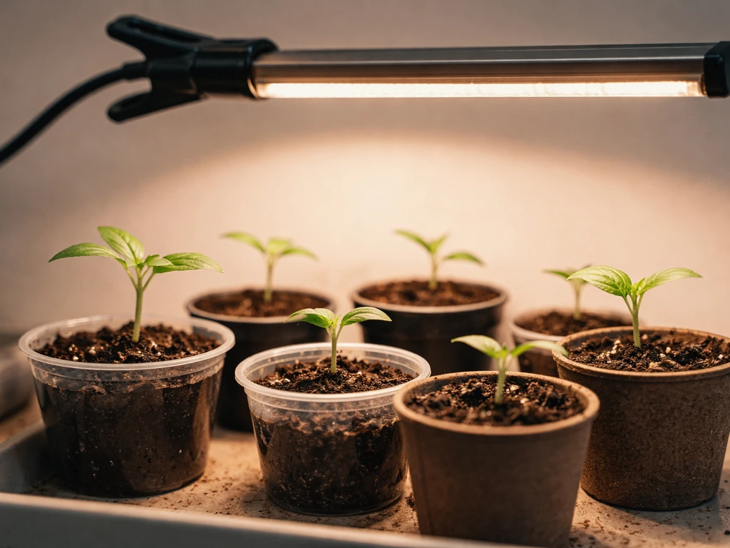 Seedlings in pots under a warm grow light clamp in a simple indoor propagation setup