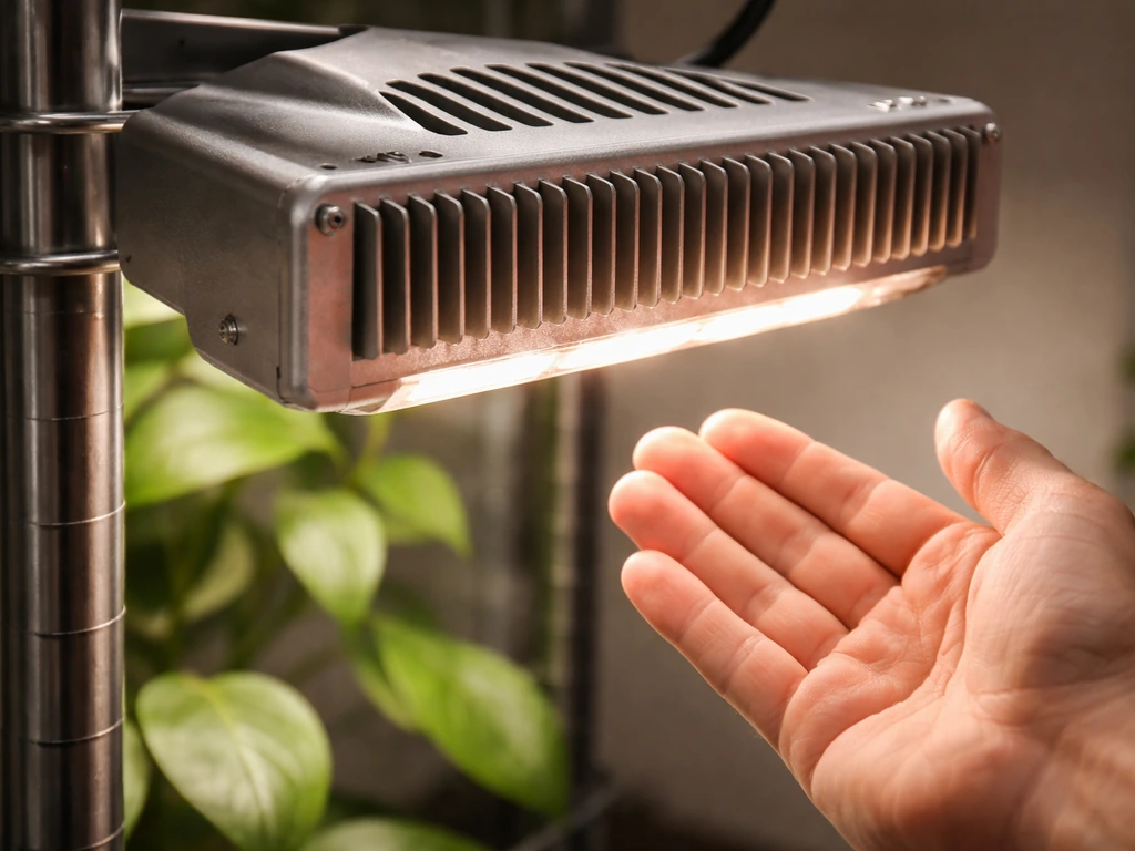 Close-up of a small grow light fixture with cooling fins while a hand checks it feels warm at a safe distance.