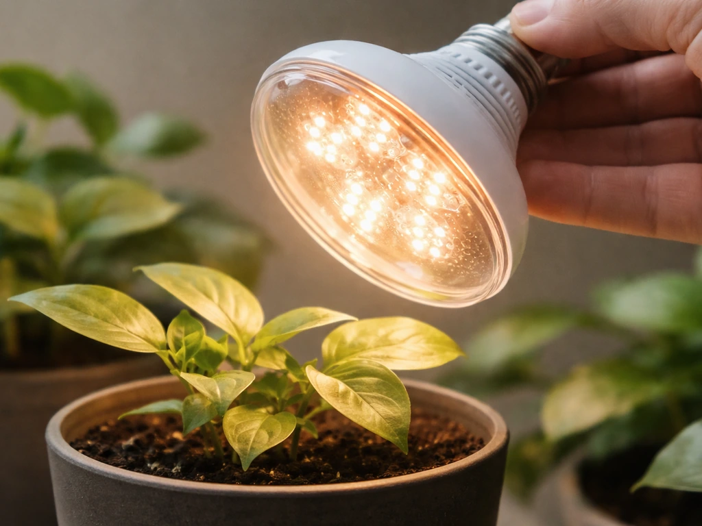 Glowing BR30 36W grow light bulb close-up beside a potted plant with blurred green leaves.