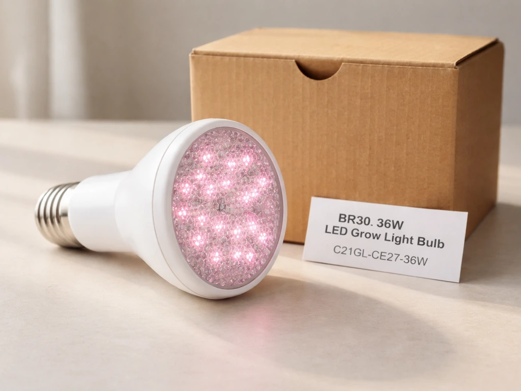 Close-up of a BR30 36W LED grow light bulb next to packaging showing model code C21GL-CE27-36W