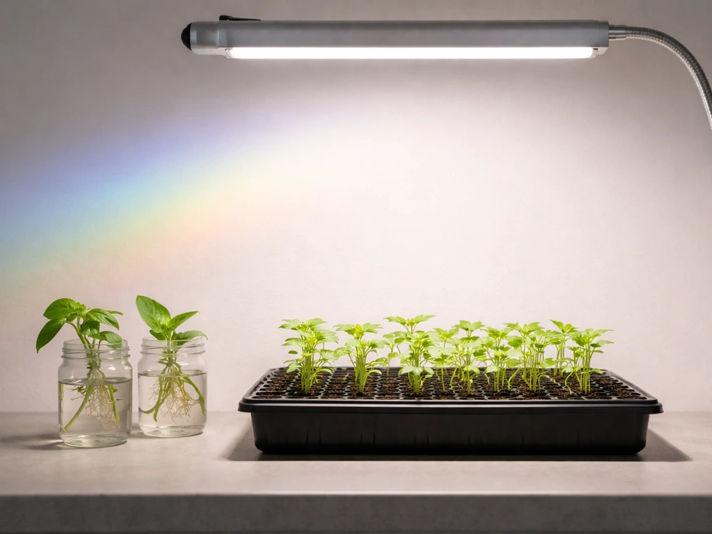 Minimal indoor gardening setup with a 4000K-style light showing blue-to-phosphor glow over seedlings and cuttings.