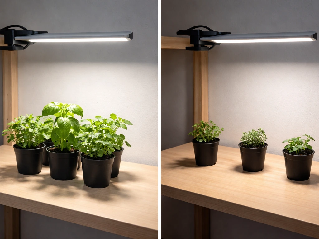 Small potted seedlings thriving under a compact grow light, contrasted with a wider area needing more coverage