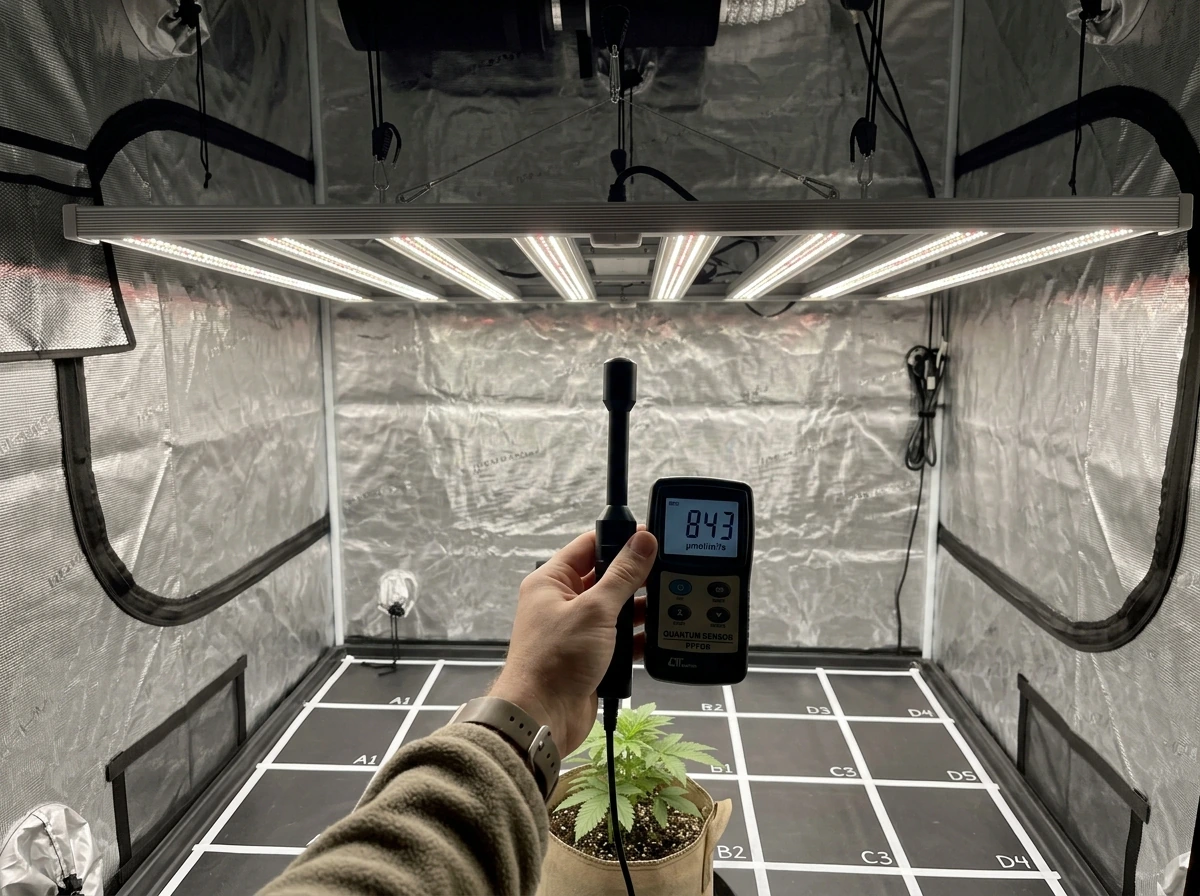 Measuring PPFD at canopy height with a light meter near the fixture