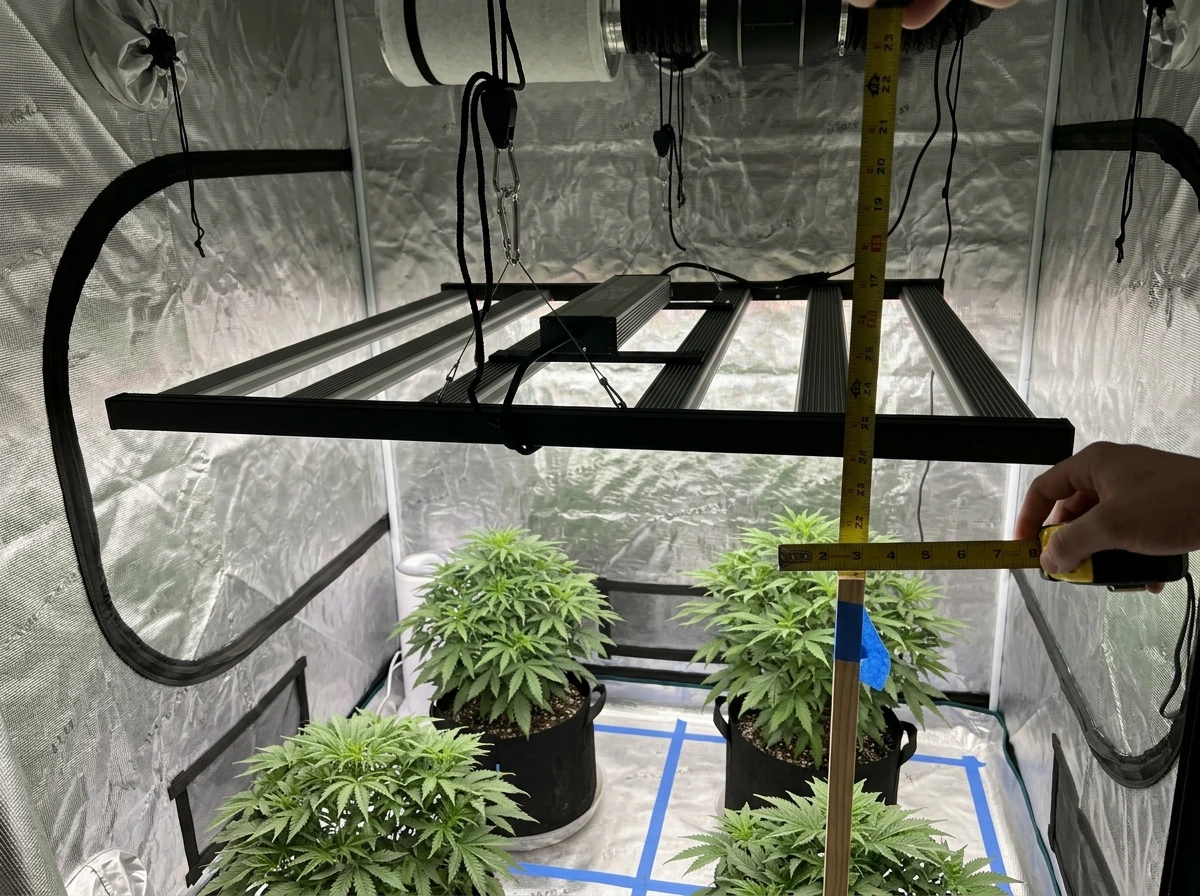 Hanging height measurement using a tape measure from canopy to the light