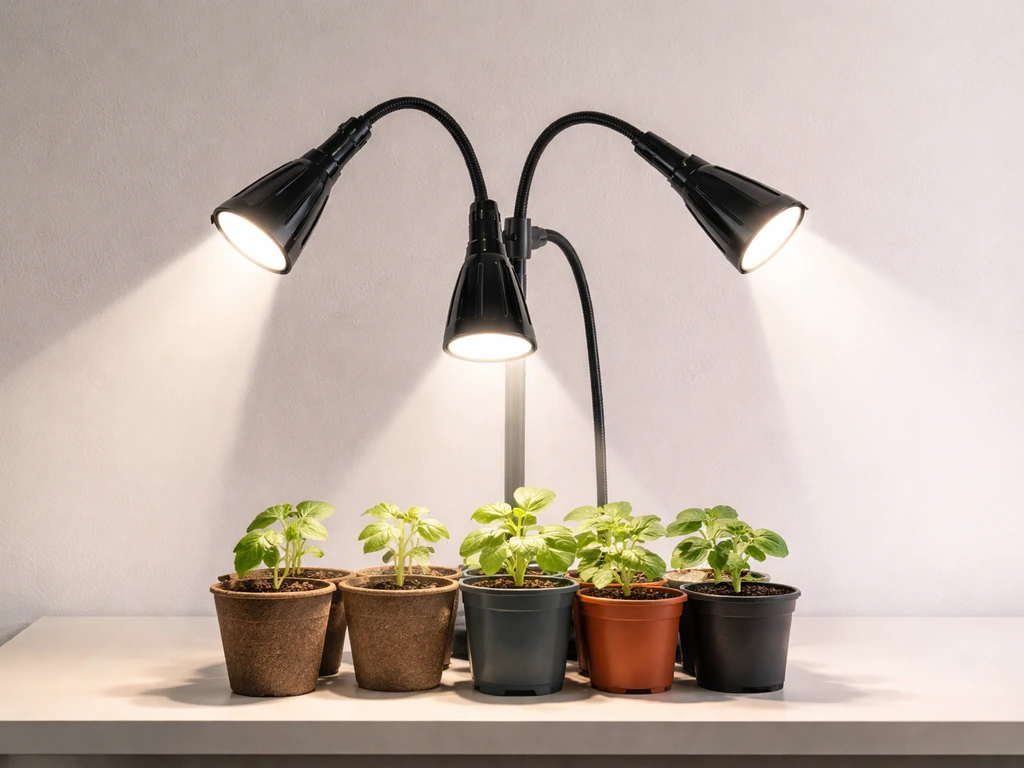 Ankace GL06 tri-head grow light shining over seedlings on a small tabletop setup