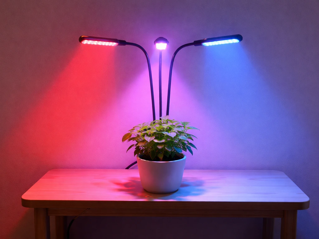 Minimal photo of a tri-head LED grow light casting separate red and blue beams onto a small plant bench.