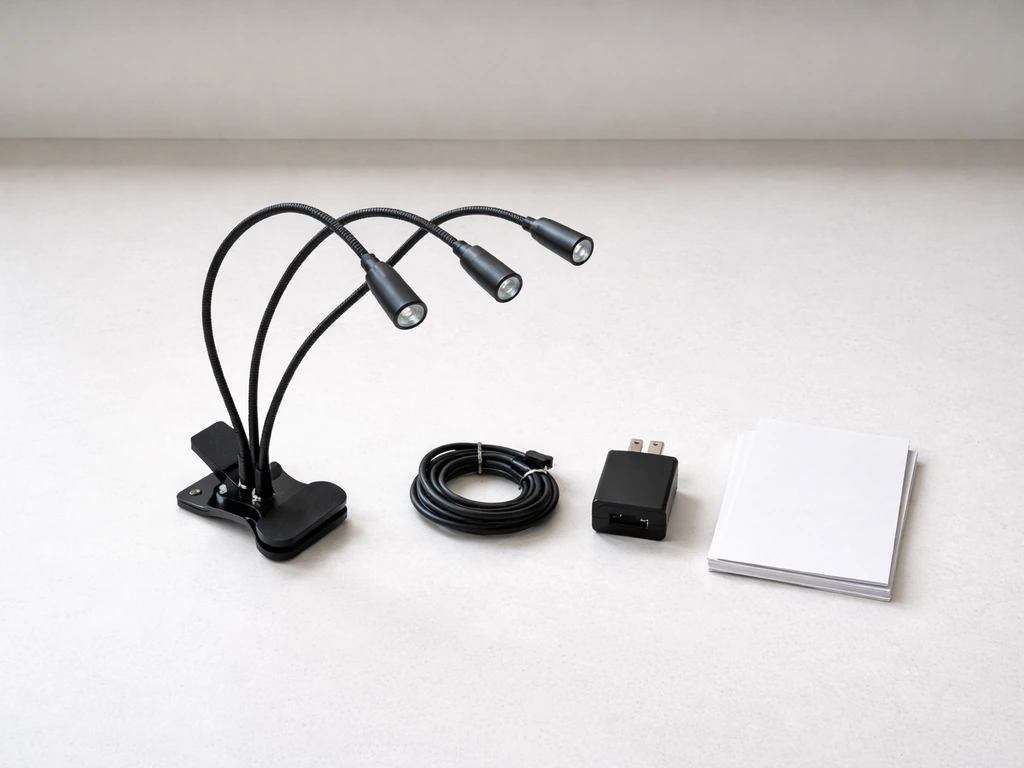 Tri-head gooseneck light kit laid out: shelf clip, USB cable, USB AC adapter, and manual pages.