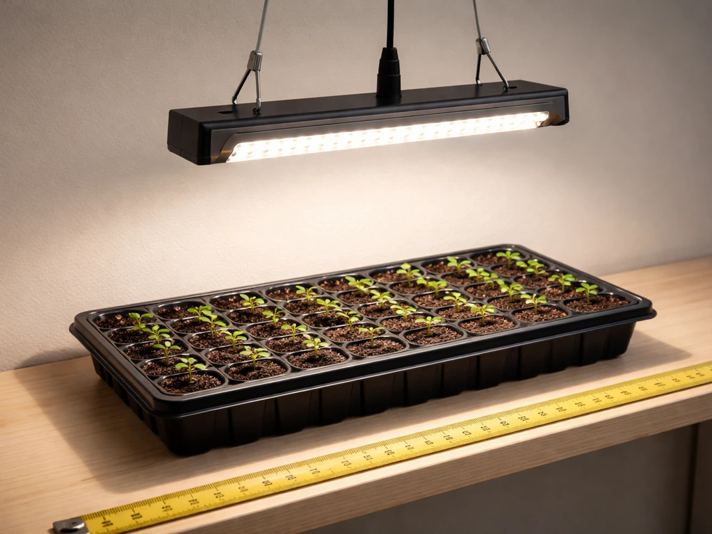 Top-down view of an LED grow light aimed over a seed-starting tray, showing 6–12 inches spacing to canopy