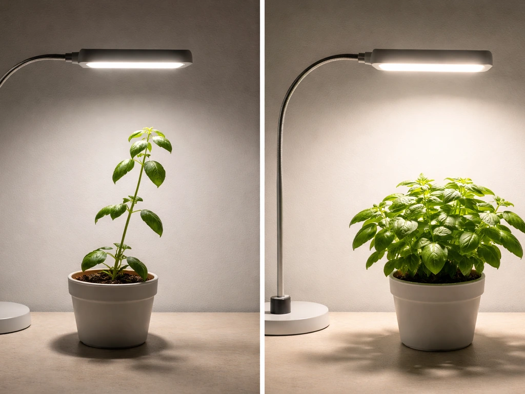 Side-by-side photo of leggy plant under a dim far grow light vs a compact plant under a close bright light.