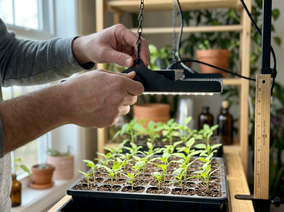 Seedling tray under correctly adjusted wattage and height