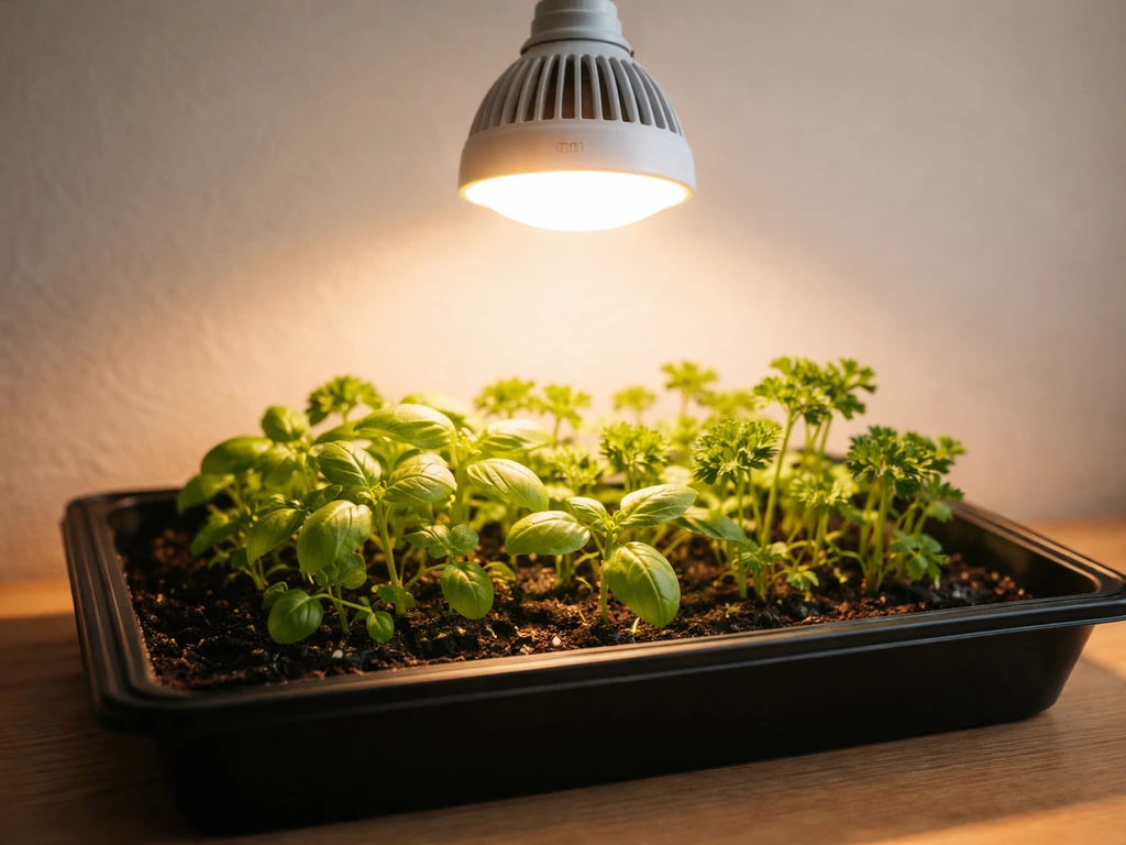 Grow light bulb mounted over a small tray of fresh herb seedlings on a simple tabletop.