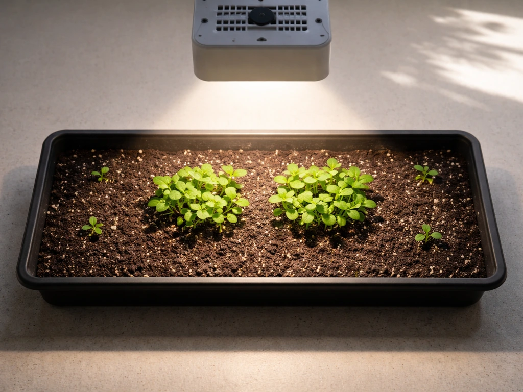Top-down view of an indoor grow tray under a compact LED light with seedlings concentrated in a small coverage zone.