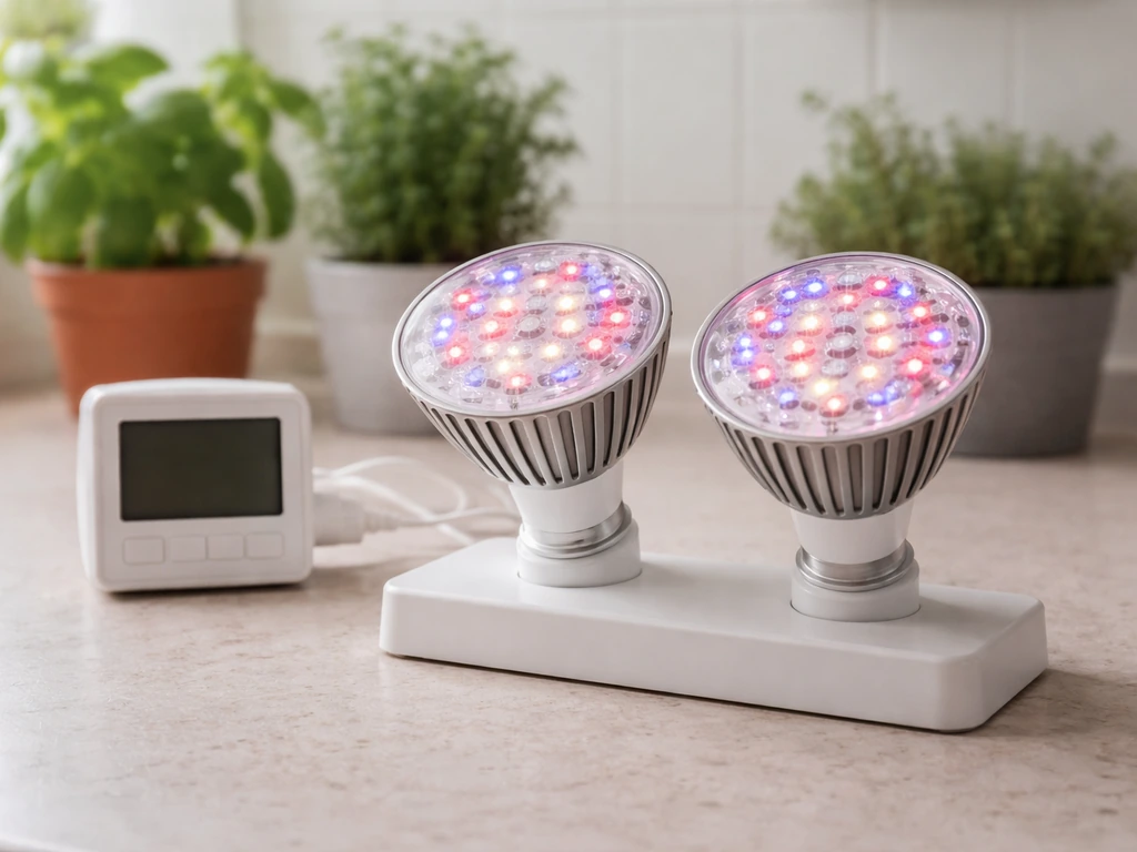 Unifun LED bulb in a herb-shelf setting next to a second LED bulb, both in clear view.