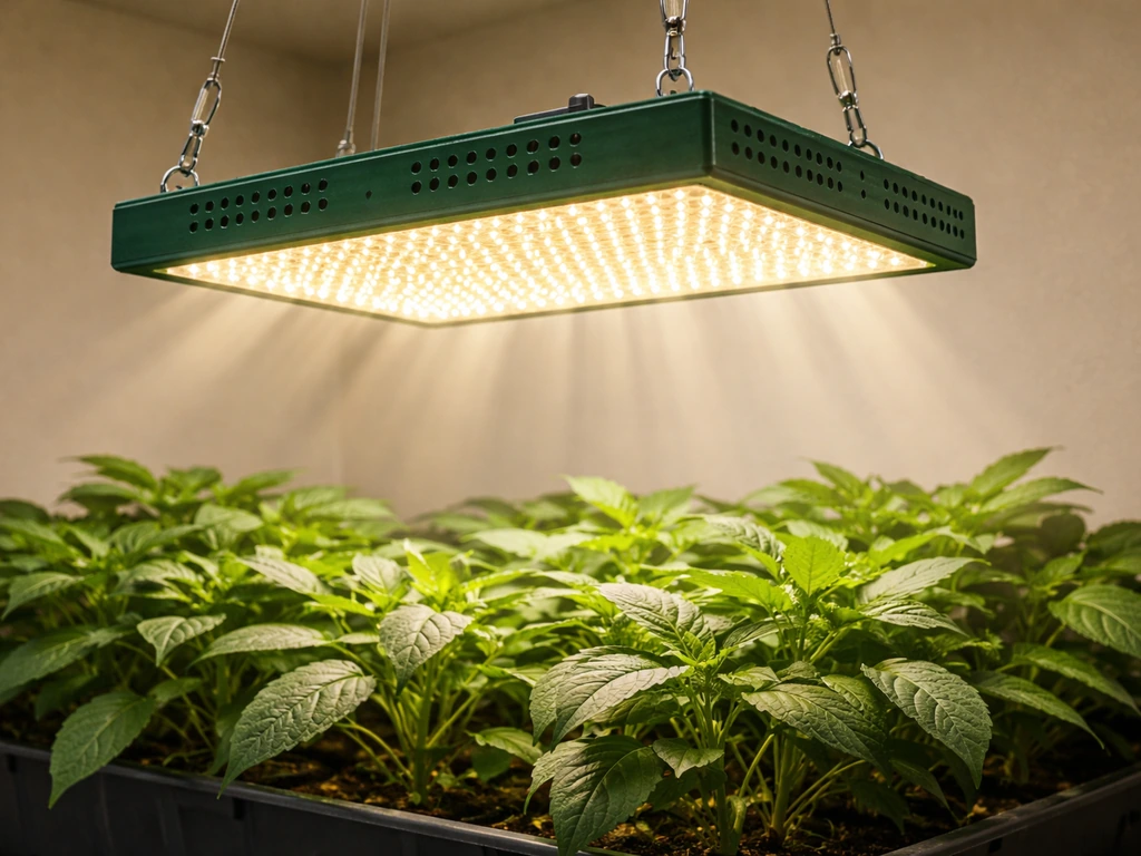 Green Fingers quantum board grow light hanging above a leafy indoor plant canopy under bright illumination.