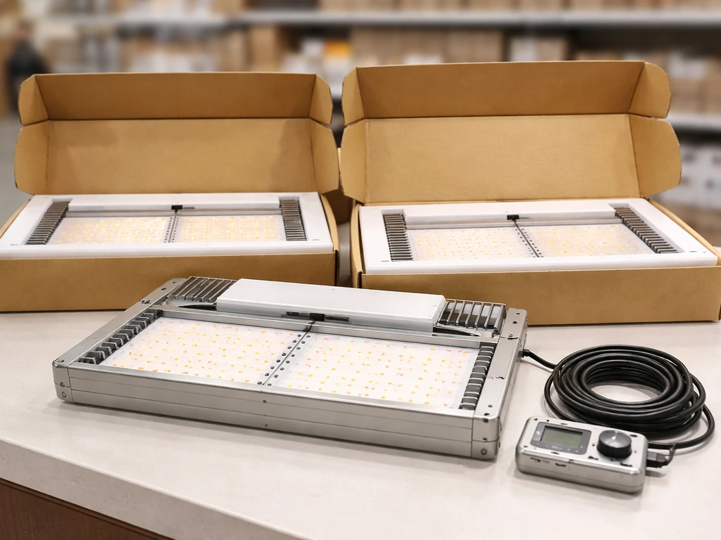 Close-up of boxed quantum board LED grow lights with dimmer/control hardware on a tidy retail counter