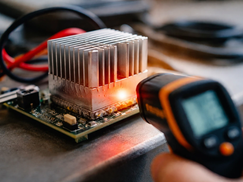 Close-up of LED heatsink on a circuit board with a temperature reading using an IR thermometer