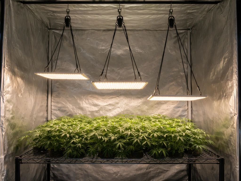Indoor grow tent with a hanging quantum board light shown at three different canopy heights above leafy plants.
