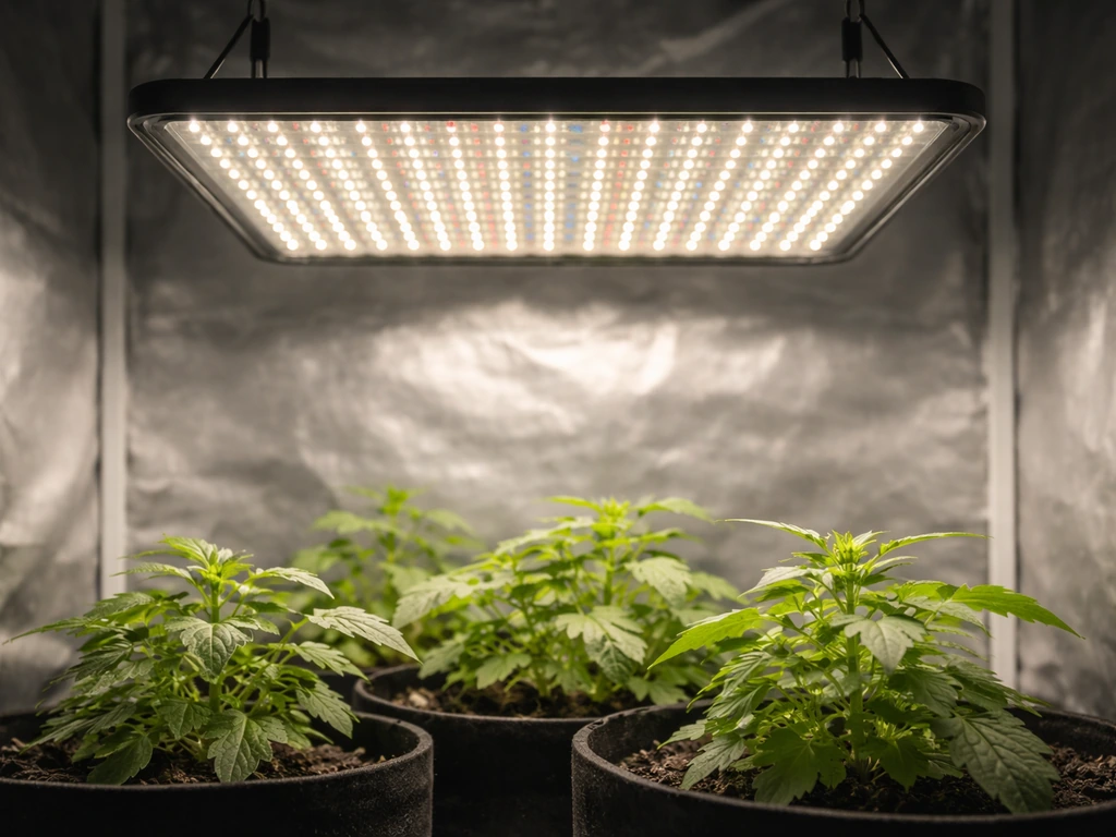 Giixer LED grow light mounted over healthy plants in a simple indoor grow tent setup