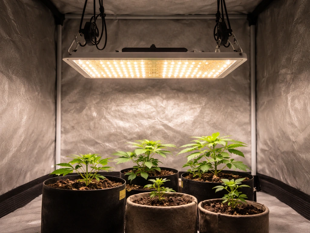 LED grow light mounted in a small tent, close to the canopy, showing practical coverage at ~12 inches.