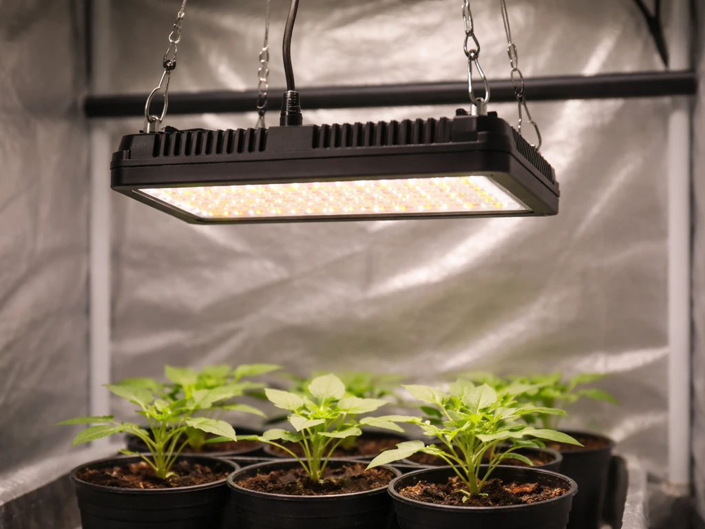 Close-up of a compact LED grow light hanging over seedlings in a small indoor grow tent