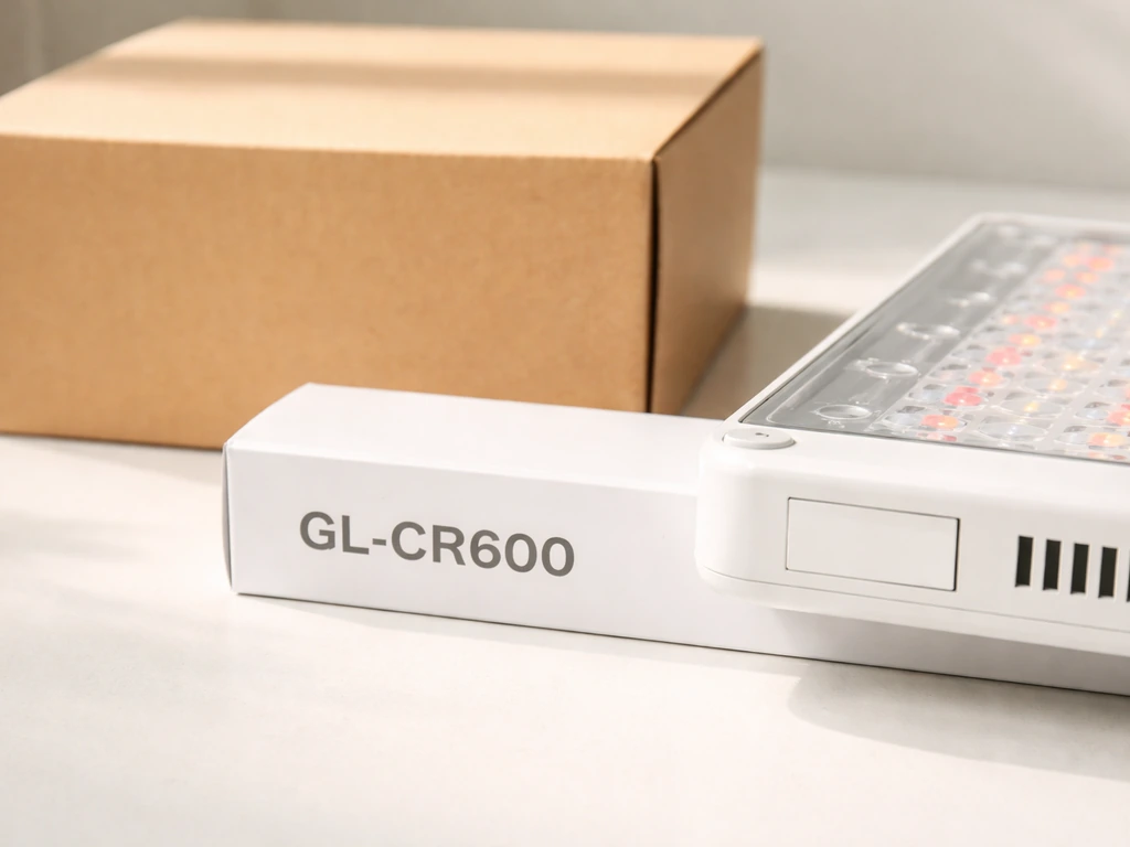 Close-up of LED grow light packaging showing the model code GL-CR600 on a plain table.