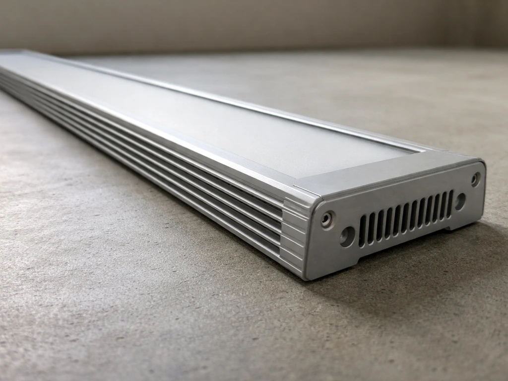 Side/underside view of a slim aluminum LED fixture showing passive heatsink surfaces and vented housing