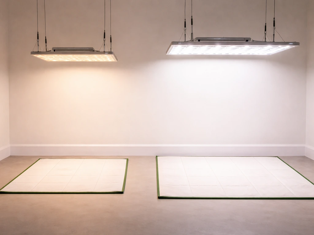 Two LED grow lights side-by-side over different-size canopy mats to show coverage options.