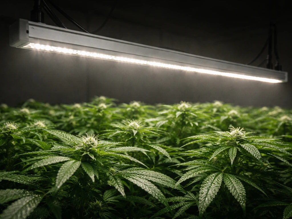 Fluence SPYDR LED grow bar mounted over a dense indoor grow canopy in a professional grow room.