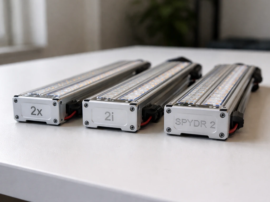 Three compact horticultural LED light modules on a workbench, each with distinct side markings, softly lit.