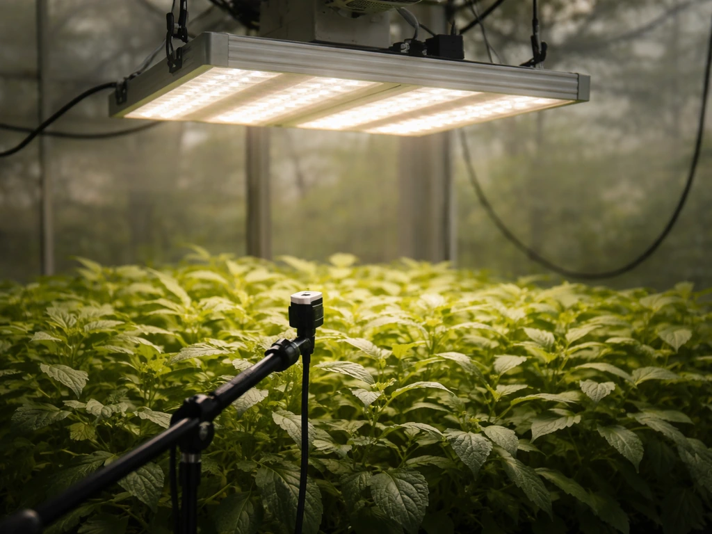 LED grow light above a plant canopy with a PPFD sensor on a tripod measuring light coverage.