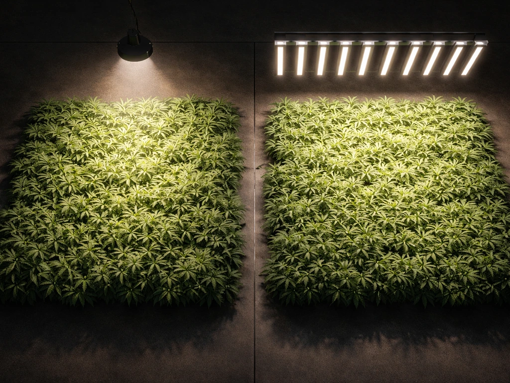 Top-down view of a grow canopy comparing uneven hot spots versus even light spread from bar fixtures.