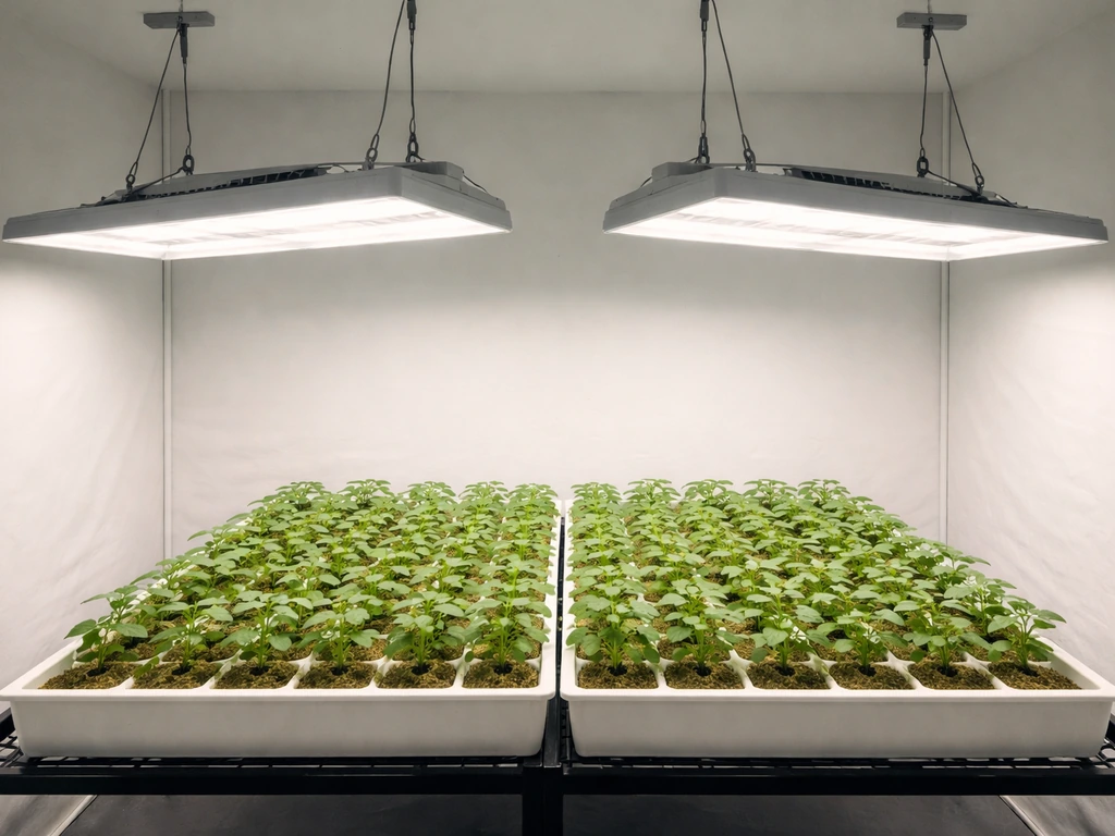 Overhead view of two LED fixtures mounted about 6 inches above a 4x4 canopy with plants centered below.