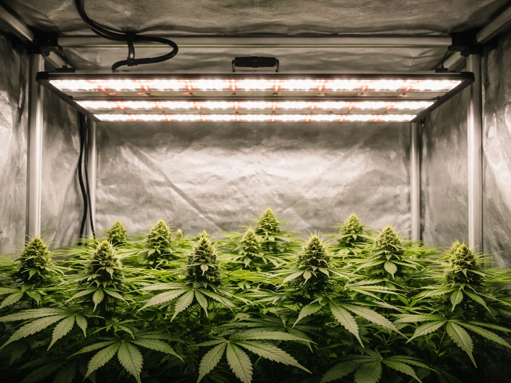 Full-spectrum LED grow light mounted over a small indoor canopy inside a grow tent, showing coverage scale.