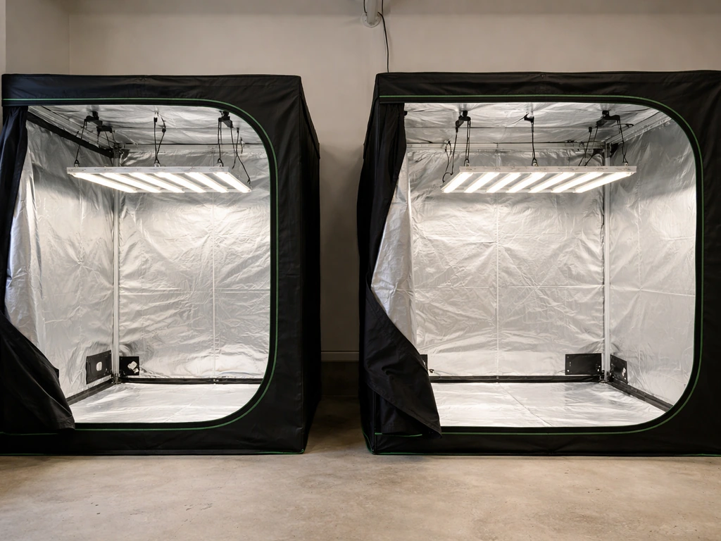 Two small grow tents side-by-side with bar-style grow lights, showing a compact LED lineup concept.