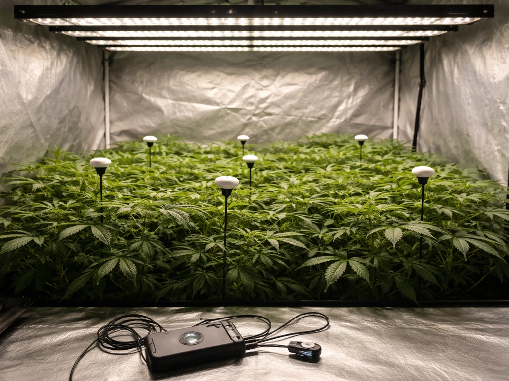Grow tent canopy with several spaced light sensors under a bar LED light, showing PPFD coverage mapping.