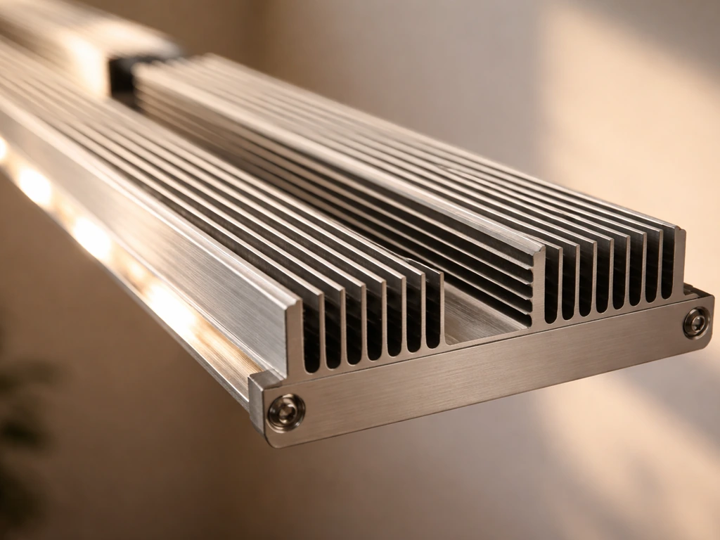 Close-up of a fanless metal heatsink/bar array on an LED grow light, emphasizing thermal cooling design.