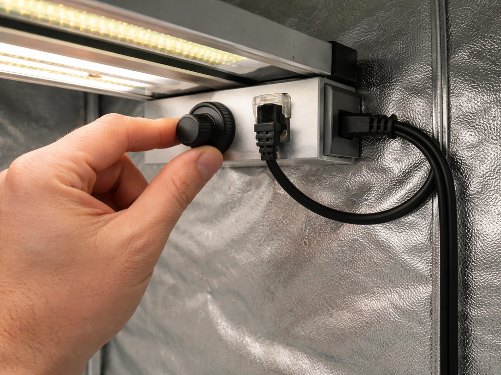 Close-up inside a grow tent showing a dimmer knob and an RJ14-style cable connection near the LED light.